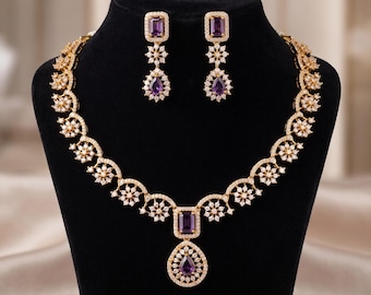 Matte Gold Indian Necklace Set with Earrings| American Diamond CZ Choker| Emerald Green Pink Purple Mint Ruby Necklace Set| Gift for her