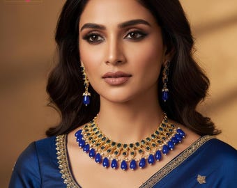 Gold Plated American Diamond Crystal Tear Drop Beaded blue stone necklace | Indian Wedding Bridal Jewelry | Mint Pink Green stone Necklace