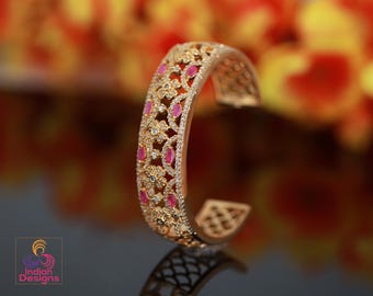 Gold-plated open cuff bangle with floral and ruby accents| filigree design women’s bracelet| statement fashion bangle| luxury cz gold bangle