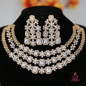 American Diamond Multi-Layer Necklace and Earrings set with CZ White/Ruby Stones| Statement Wedding Necklace| Indian Jewelry| Gift for her