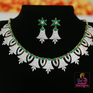 Green & Cz Diamond Necklace Set| Gold-Plated Indian Jewelry | American Diamond Necklace and Earrings| Green AD stone necklace| Gift for her