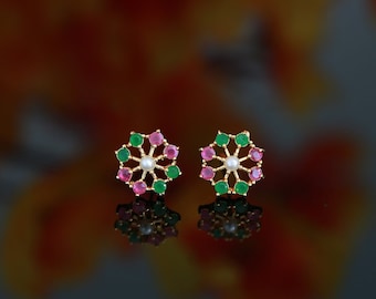 Multi-Color small CZ Stone Pearl Stud Earrings 22K Gold Plated | American diamond Floral Pearl stud Earrings tops |Trendy Stud earrings