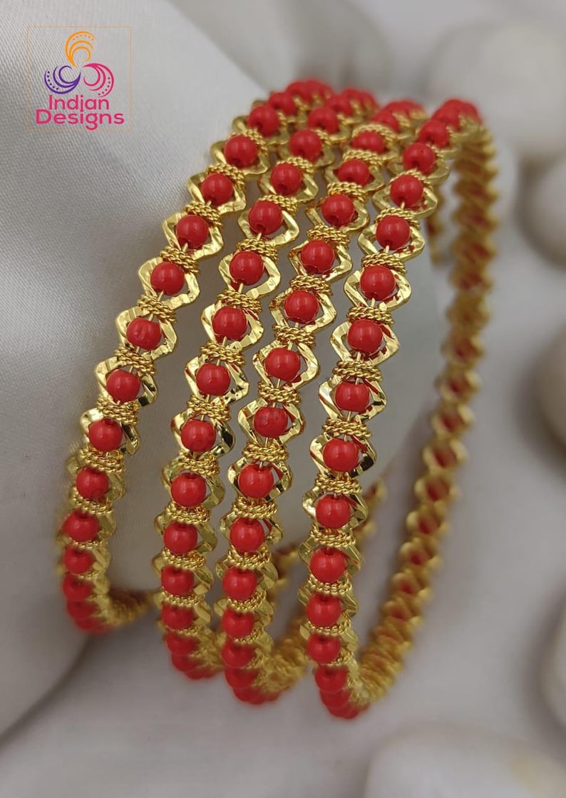 Red Bead Gold Bangles Set of 4| Gold Finish Daily Wear Bangles ...