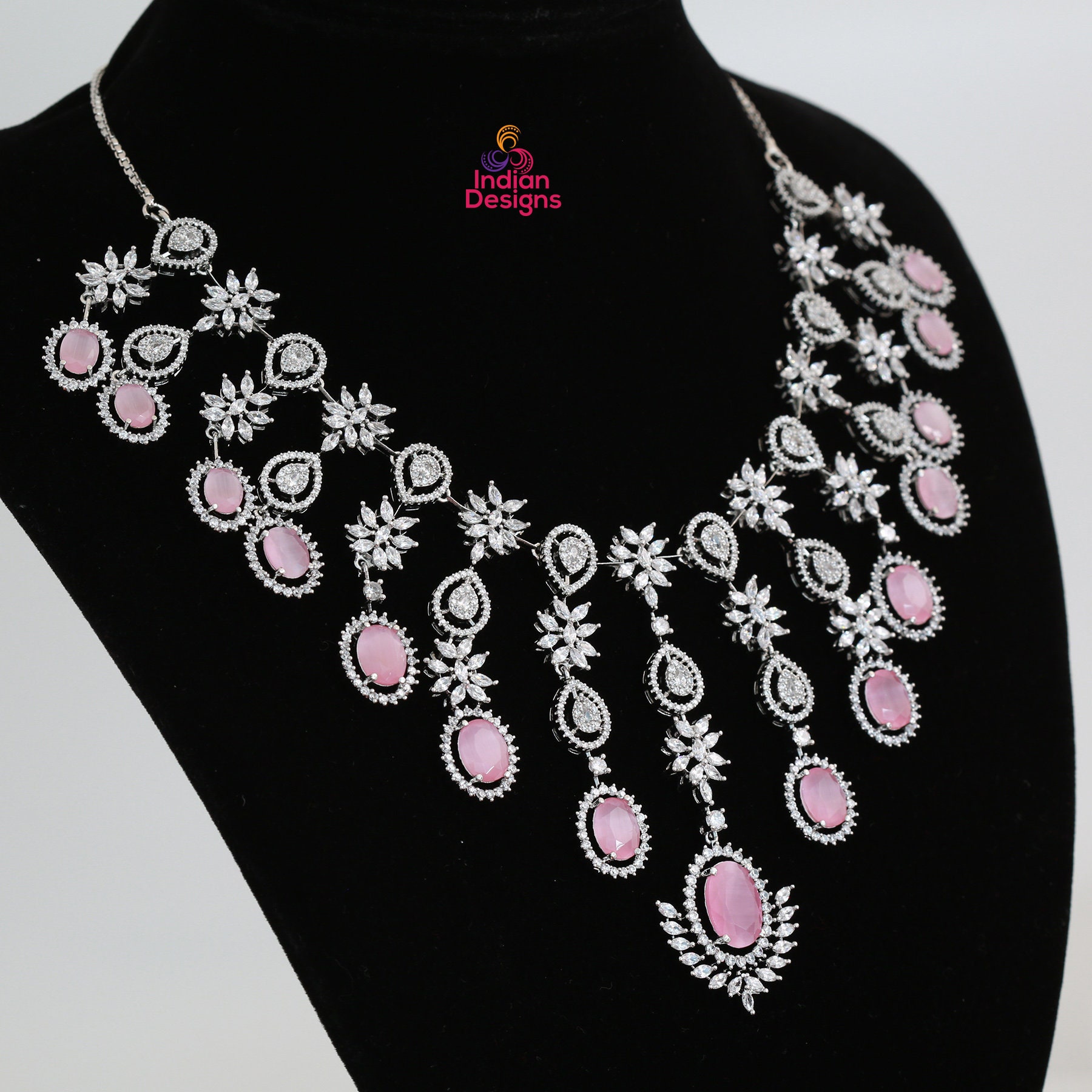 American Diamond Pink Bridal Necklace Set-silver Plated Cz -  Israel