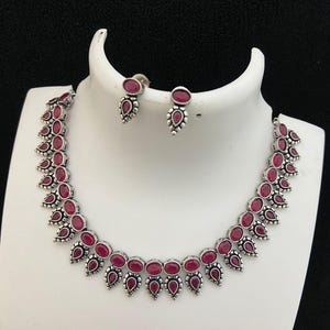 Oxidized silver necklace set | german silver necklace set india | antique finish silver choker necklace | black polish american diamond set Ruby