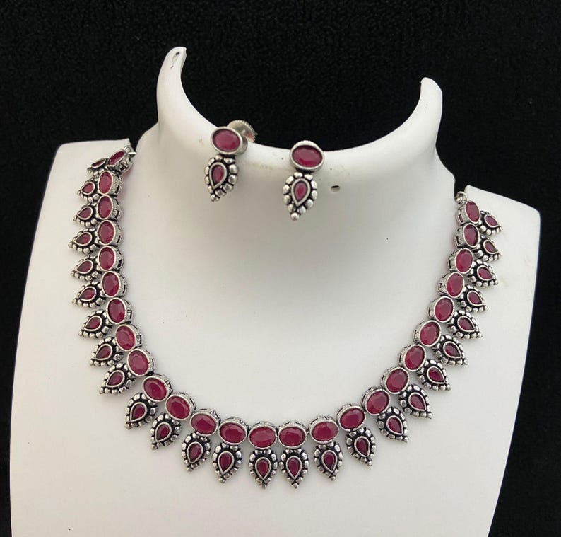 Oxidized silver necklace set | german silver necklace set india | antique finish silver choker necklace | black polish american diamond set Ruby