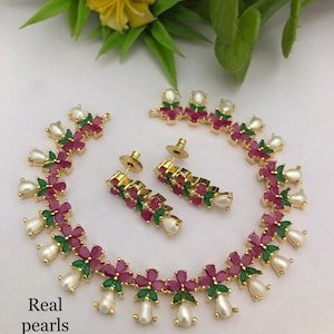 Floral Pearl Necklace Set| Real Pearl Jewelry Set with Earrings| Multicolor Gemstone Choker| Gold Plated Ruby Emerald set| Gift for Her