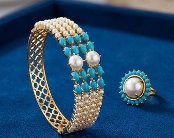 Openable pearl bangle| Indian Kundan Pearl Bangle and Ring Set|22k Gold Plated Kada Bracelet| Wedding Jewelry Gift for Her| Red Coral Bangle