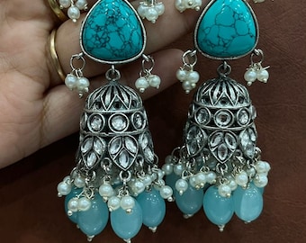Oxidized Silver Turquoise Long Jhumka Wedding Earrings | Bollywood Boho Indian Ethnic Jhumka Jhumki | Handmade German silver Dangle Earrings