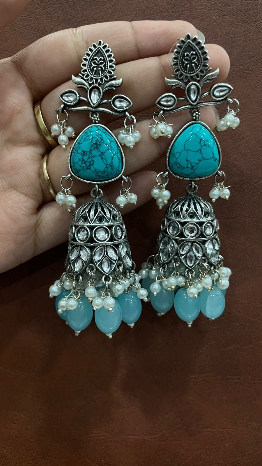 Indian Traditional Bollywood Silver Oxidized Kashmiri Jhumka - Foto 8