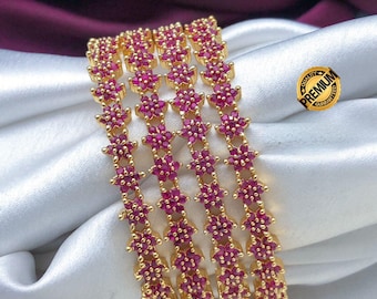 Gold plated ruby CZ Pink bangles| AD stones bangles set of 4| 22K gold polish American Diamond bangles/bracelet| Stylish party wear bangles