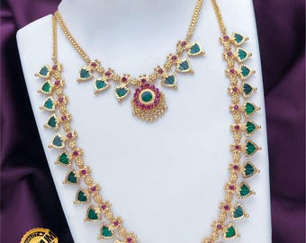 Gold Plated Green Palakka Mala Necklace combo| Kerala Traditional Jewelry| Indian wedding necklace set| Temple Jewelry| Statement necklace