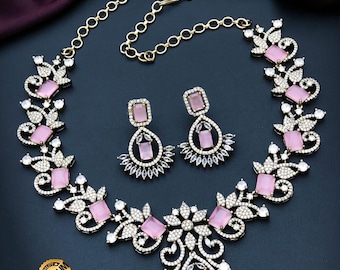 Victorian polish cz diamond necklace set with pink stones| american diamond statement wedding necklace with matching earrings| gift for her