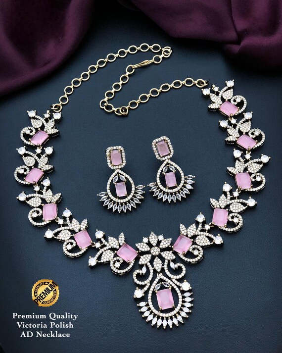 Victorian Polish Cz Diamond Necklace Set With Pink Stones