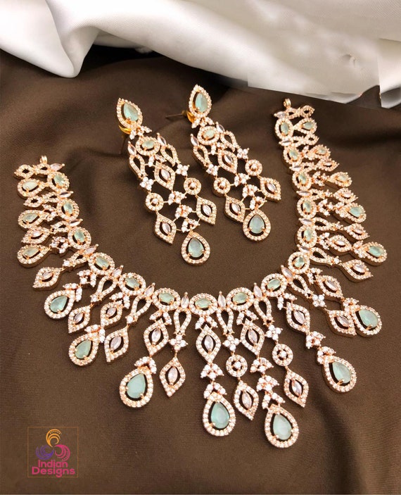 Rose Gold American diamond necklace set | Indian wedding jewelry for bride  | Mint green statement necklace | Golden diamond circle necklace