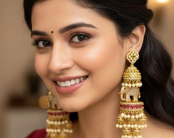 Matte Gold Wedding Party-wear Pearl Jhumka set |American Diamond  Multi step Indian/Pakistani Jhumki Design |Long Dangle Pearl drop Earrings