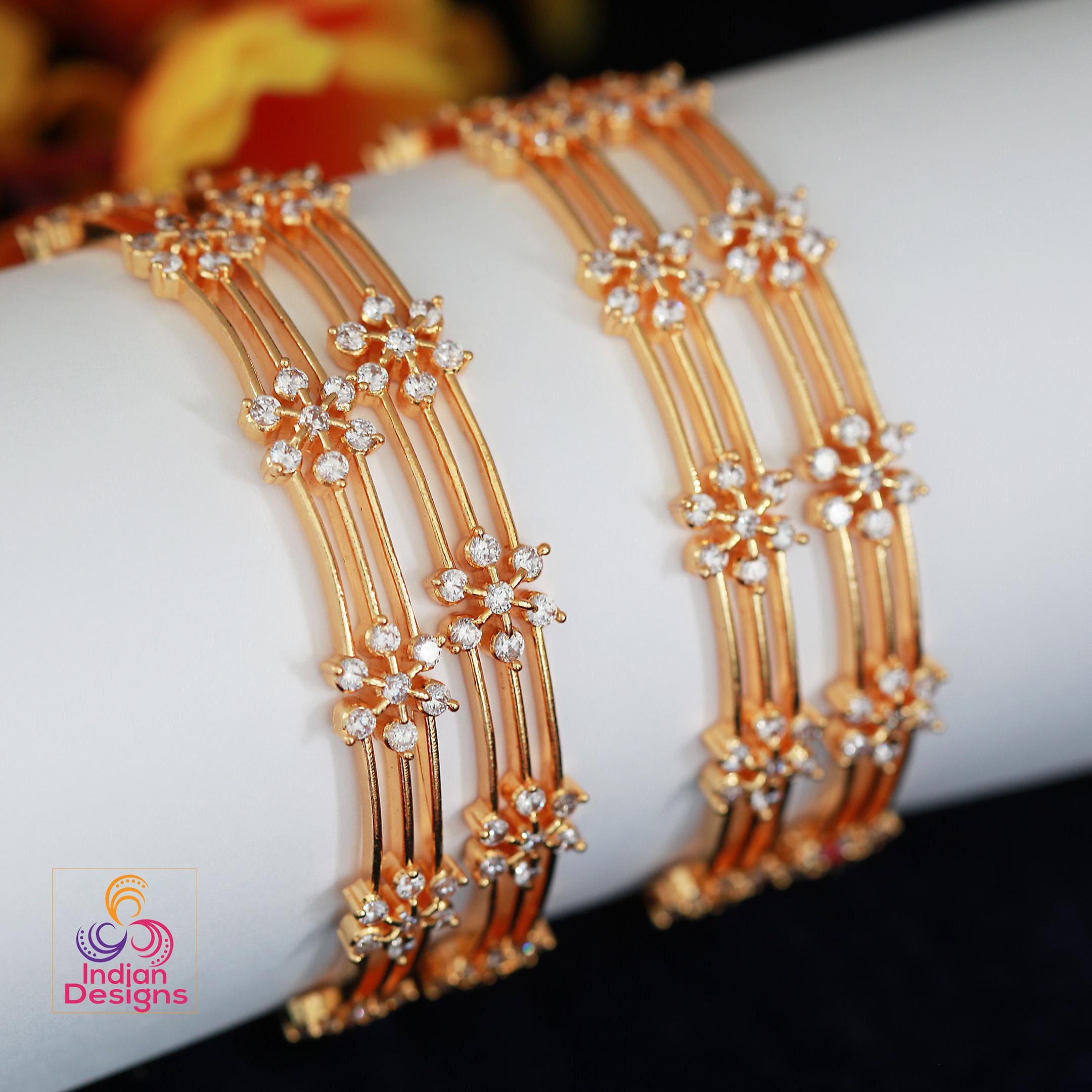 Sparkling Gold Plated AD Bangles| Set of 4 Floral CZ Stone Bracelets | Indian Daily Wear Festive Jewelry | Women's Ethnic Kada| Gift for her