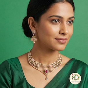 Gold-Plated Designer Net Necklace Set with Ruby, Emerald, and White CZ Stones – Bridal Jewelry with Jhumkas for Weddings & Special Occasions