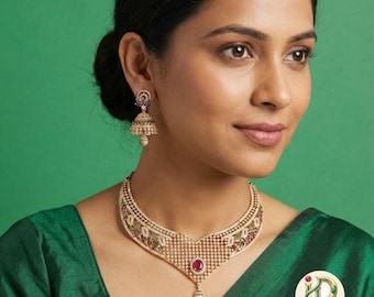 Gold-Plated Designer Net Necklace Set with Ruby, Emerald, and White CZ Stones – Bridal Jewelry with Jhumkas for Weddings & Special Occasions