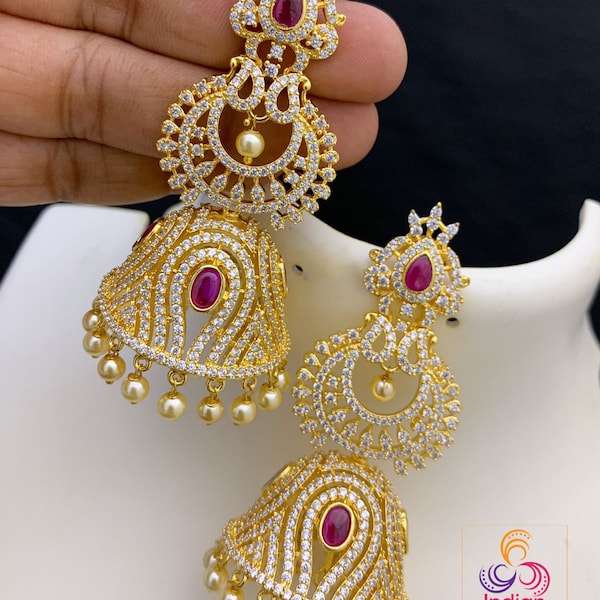 Large gold Jhumka earrings Designs | Bridal Gold Jhumka Earrings | Ruby Emerald and pearl Large AD Jhumka  | American Diamond Drop Earrings