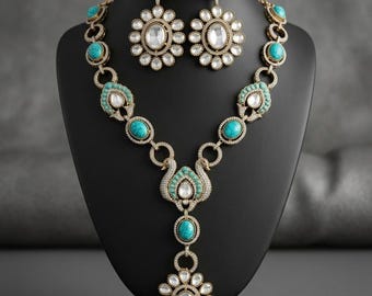 Victorian gold turquoise  doublet stone moissanite polki kundan necklace set|sabyasachi inspired jewelry|gift for her|statement necklace set