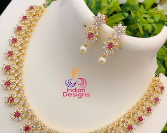 South Indian CZ Necklace jewelry design | American diamond choker necklace set | Gold tone emerald necklace | Ruby stone flower necklace