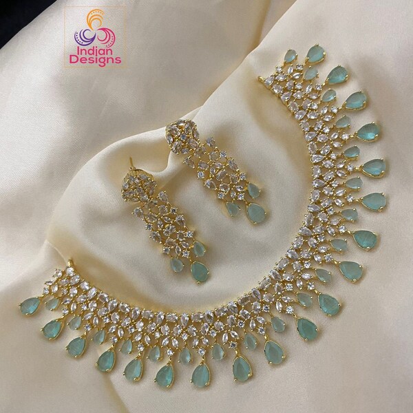 Gold Plated Mint Beaded Necklace Set with Floral MOP Pendant & Earrings