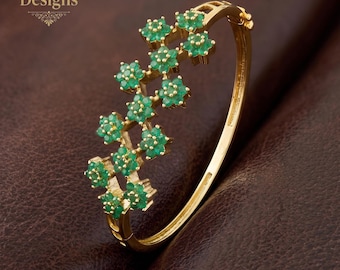 Gold Floral Bangle Bracelet| Indian Emerald Ruby Pearl Flower Cluster Kada| Statement Bridal Jewelry| Multi Gemstone Kada| Gift for Her