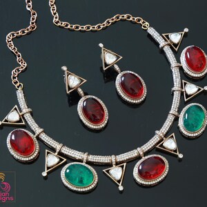 Indian dual-tone statement choker| ruby emerald polki style necklace set| diamond replica wedding & cocktail jewelry| doublet stone necklace
