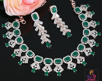 Parure di collana con diamanti americani in oro rosa / parure di collana con diamanti cz rosa / collana con cristalli taglio smeraldo / collana con gioielli indiani di Bollywood