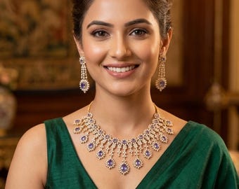 Purple Stone American Diamond Necklace Set| Gold CZ Bridal Choker| Indian Wedding Jewelry| Diamond Look Statement Necklace| Gift for her