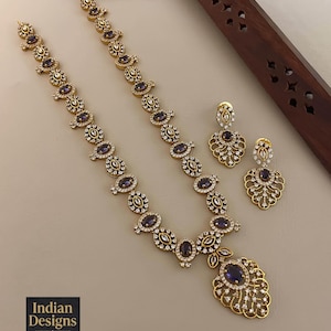 Ruby & Emerald AD Stone Necklace Set| Matte Gold Finish Bridal Jewelry| Long Haram Necklace with Earrings| Indian Wedding Jewelry| Gift set