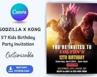 EDITABLE, Godzilla X Kong Kids Birthday Party Invite, Godzilla X Kong Invitation, Godzilla X Kong Invite, Customizable easily in Canva