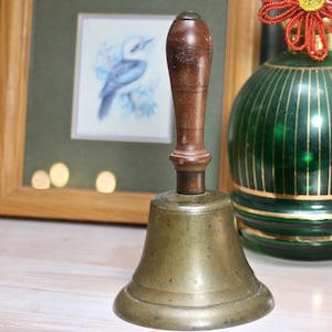 Antique Brass School Bell With Wooden Handle, Resonant Tone, Desktop or Dinner Bell