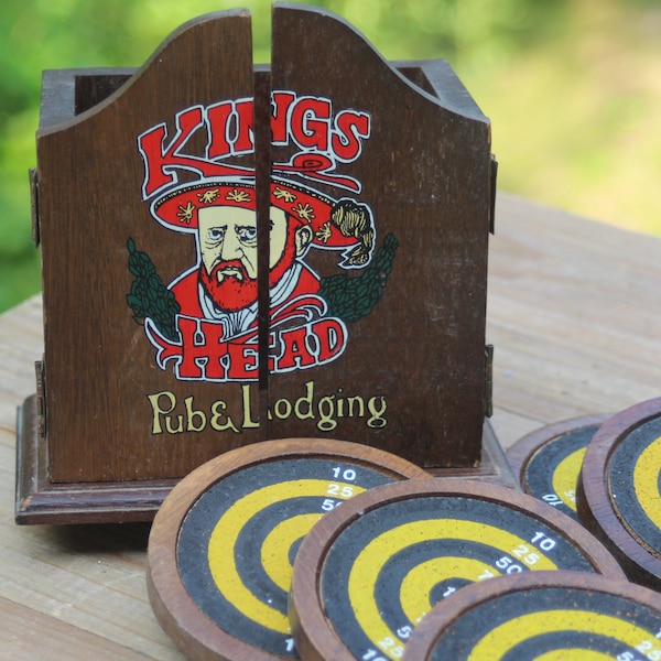 Vintage Kings Head Pub & Lodging Wooden Box with 6 Dartboard Coasters, Home Bar Decor and Drink Holders, English Pub Decor