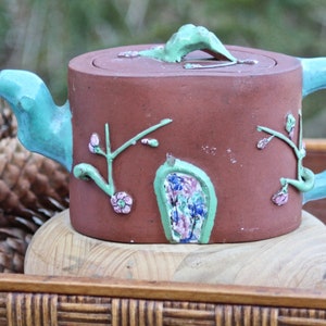 Antique Chinese Yixing Teapot with Enamel, Stamped, Nature Inspired High Relief Design, Zisha Clay (Purple Clay)