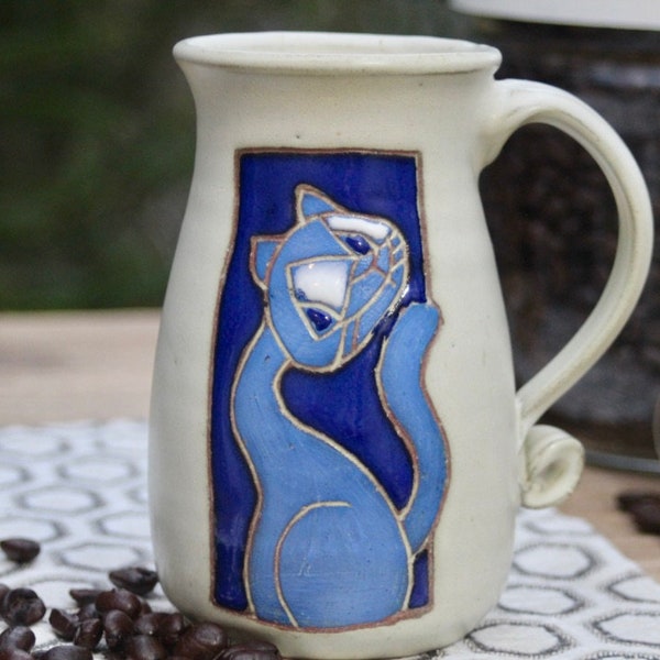 Studio Art Pottery, Coffee Mug Featuring a Blue Cat, Hand Painted & Textured with Scrolled Handle, Stamped by Artist