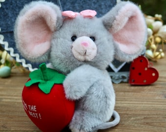 Vintage Russ Plush Mouse with Strawberry: You're the Berry Best!  8" Mouse Stuffed Animal with Tail, Bow, Large Ears, & Large Strawberry