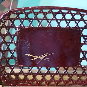 Mid-Century Lacquer Ware Rectangle Basket with Moveable Handle, Woven Lacquerware Bowl w/Handle & Wheat Design, RARE Basketweave Lacquerware