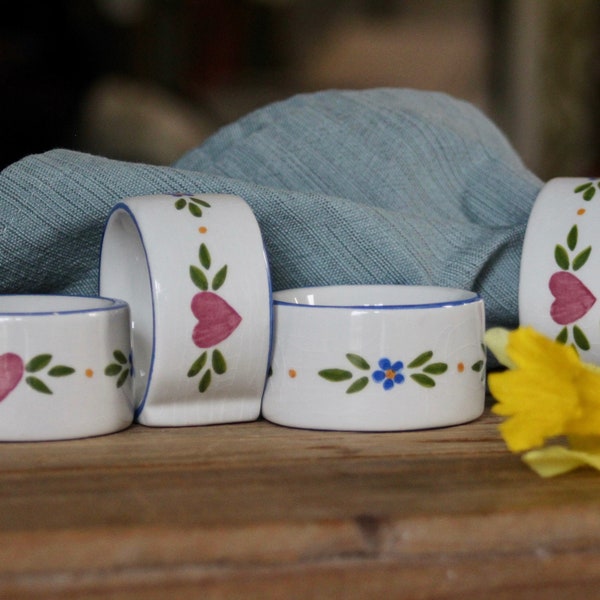 1980s R.B. Bernarda Ceramic Napkin Rings, Set of 4 Blue & White Floral with Pink Hearts, Made in Portugal