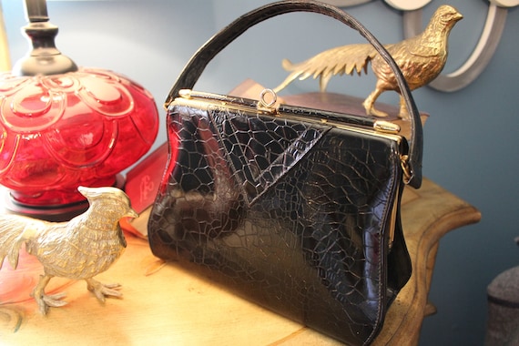 Mid-Century Black Faux Alligator/Lizard Skin Lenno