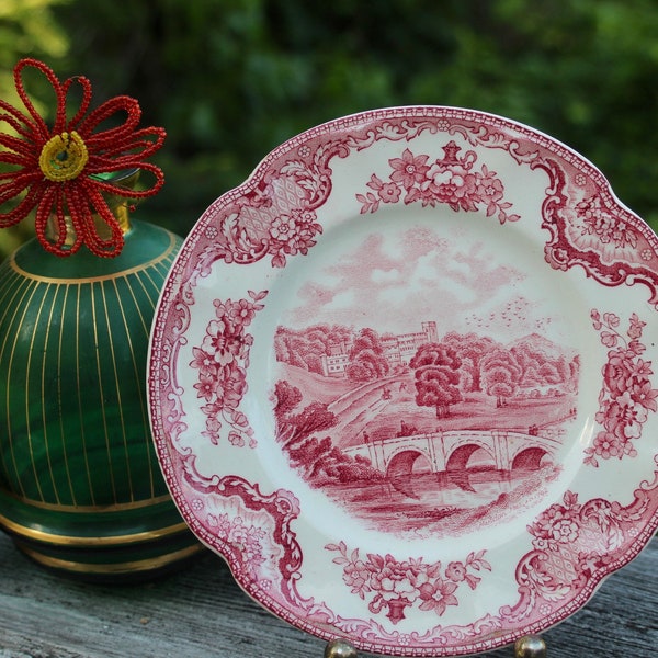 Vintage Johnson Bros England, Old Britain Castle China Pattern in Pink (Cranberry), Bread & Butter Plate, Featuring Haddon Hall 1792