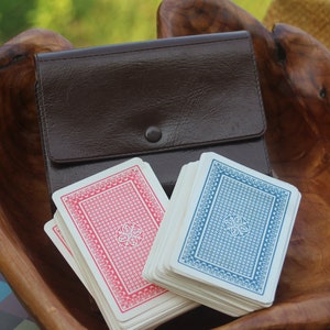 1980s Double Deck Playing Cards Red & Blue in Brown Vinyl Case, 1 Complete + 1 Incomplete, Made in Hong Kong