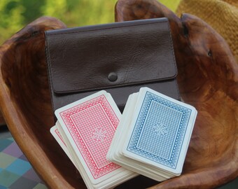 1980s Double Deck Playing Cards Red & Blue in Brown Vinyl Case, 1 Complete + 1 Incomplete, Made in Hong Kong