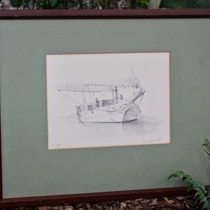 Consuelo Eames Hanks Pencil Sketch Art, OLD DRIFTER, Signed & Numbered, Sailboat Drawing From Maine Artist