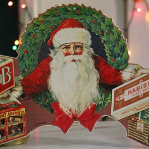 1991 Nabisco Santa Cardboard Display- Feat. Log Cabin Brownies, Sugar Wafers, Barnum&#39;s Animals, & Alphabets, Nabisco Christmas Advertisement