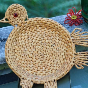 Mid-Century Figural Bird Wall Basket, Decorative Woven Rattan Bird Catch All