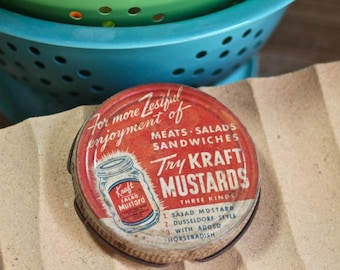 1940s Kraft Mustard Jar Lid, "For More Zestful Enjoyment of Meats, Salads, Sandwiches", 1. Salad Mustard, 2. Dusseldorf, 3. Horseradish, 2"