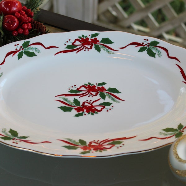 Southington by Baum Victorian Holiday Oval Serving Platter, Holly & Berries, Red Ribbon, and Poinsettia Pattern, Fine China Made in Poland