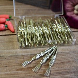 Mid-Century Party Serving Utensils, Plastic Cocktail Forks in Gold Tone with Filigree Embellishments, Set of 37 with Case